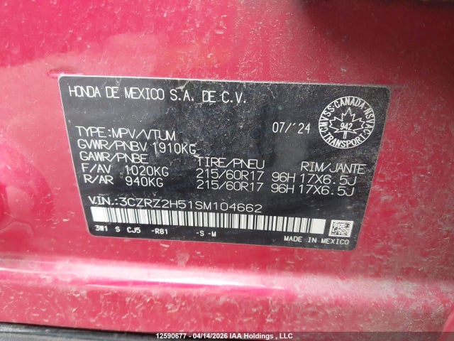 2025 Honda Hr-v Sport-b მანქანა იყიდება აუქციონზე, vin: 3CZRZ2H51SM104662, აუქციონის ნომერი: 12590677
