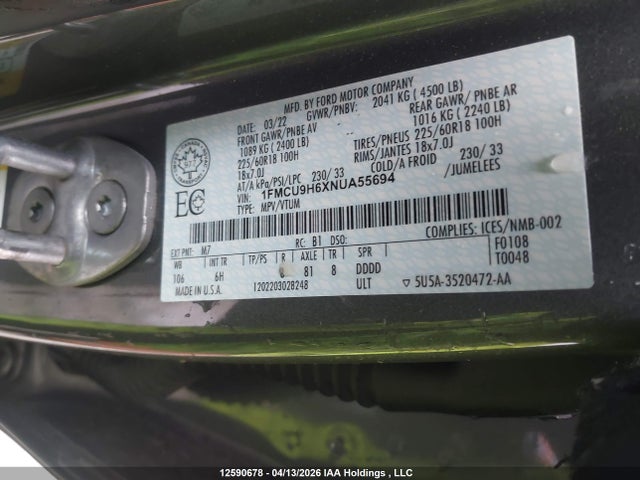 1FMCU9H6XNUA55694 Ford ESCAPE SEL