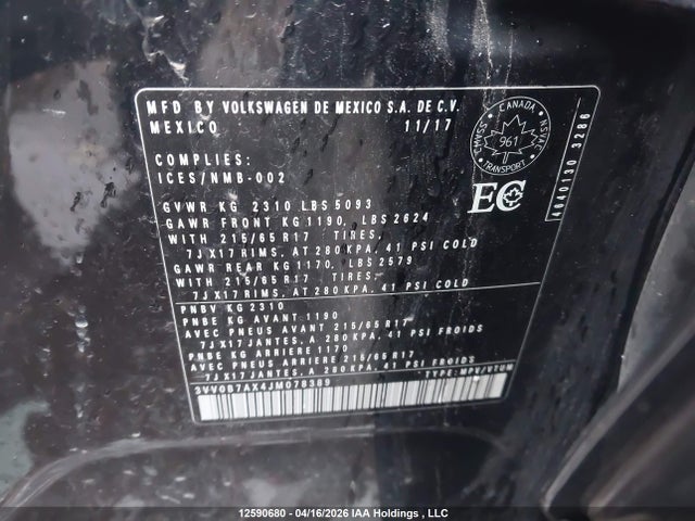 Продаж на аукціоні авто 2018 Volkswagen Tiguan Trendline, vin: 3VV0B7AX4JM078389, номер лоту: 12590680