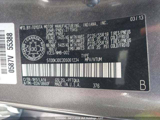 2013 Toyota Sienna Xle/limited მანქანა იყიდება აუქციონზე, vin: 5TDDK3DC3DS061234, აუქციონის ნომერი: 12590694