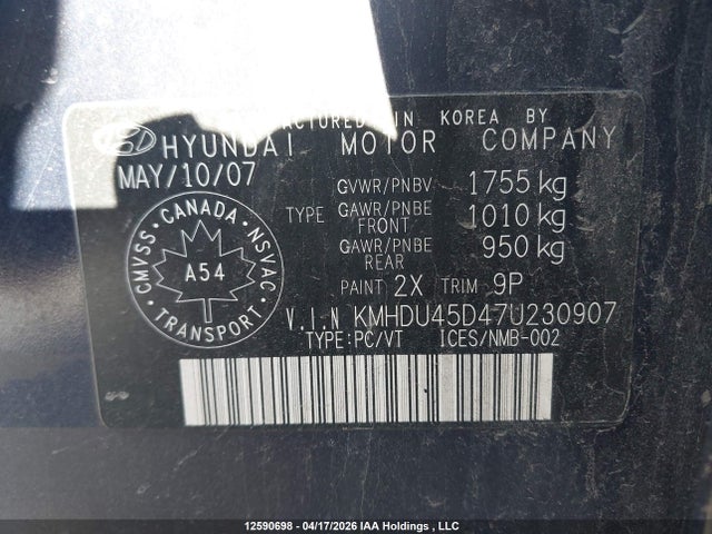 Продажа на аукционе авто 2007 Hyundai Elantra Gl/gls, vin: KMHDU45D47U230907, номер лота: 12590698