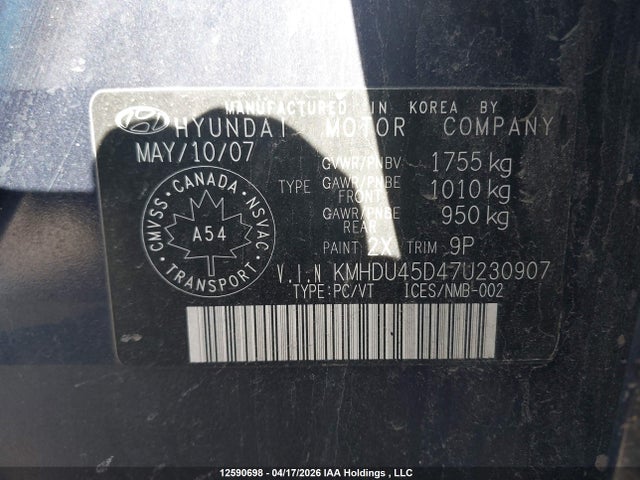 Продажа на аукционе авто 2007 Hyundai Elantra Gl/gls, vin: KMHDU45D47U230907, номер лота: 12590698