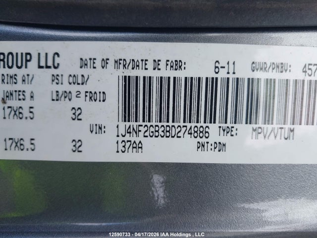 12590733 :رقم المزاد ، 1J4NF2GB3BD274886 vin ، 2011 Jeep Patriot مزاد بيع