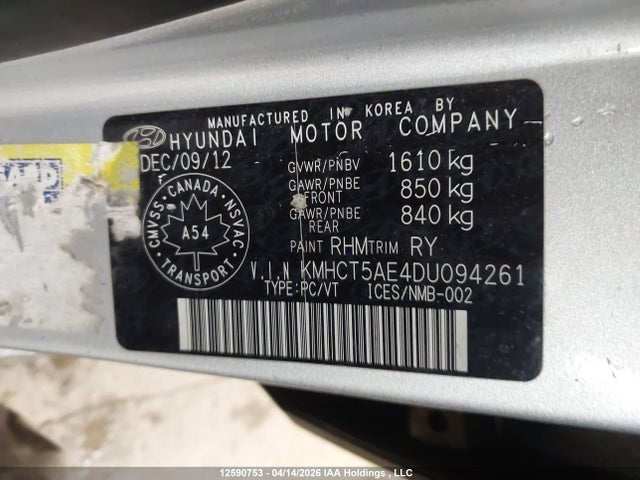 12590753 :رقم المزاد ، KMHCT5AE4DU094261 vin ، 2013 Hyundai Accent Gl مزاد بيع