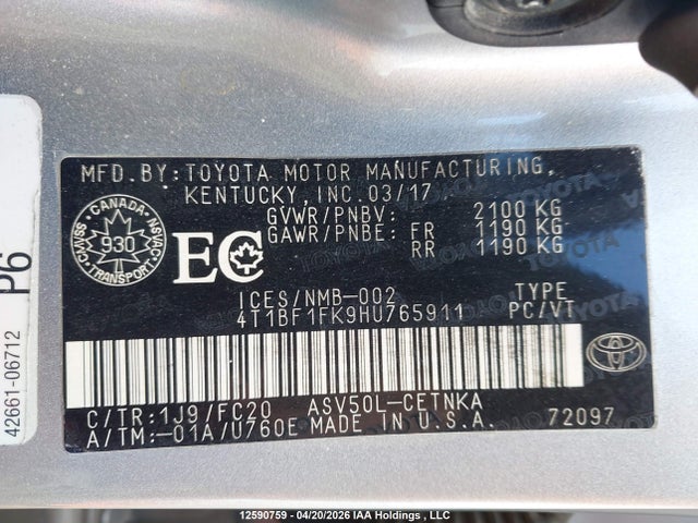 12590759 :رقم المزاد ، 4T1BF1FK9HU765911 vin ، 2017 Toyota Camry Le مزاد بيع