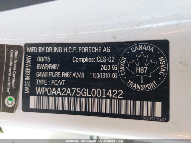 12590765 :رقم المزاد ، WP0AA2A75GL001422 vin ، 2016 Porsche Panamera 2/2 Edition/4/4 Edition مزاد بيع