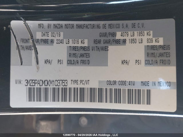 2019 Mazda 3 Preferred მანქანა იყიდება აუქციონზე, vin: 3MZBPADM0KM103763, აუქციონის ნომერი: 12590770