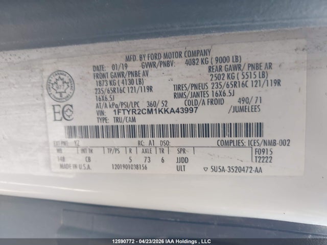Продаж на аукціоні авто 2019 Ford Transit-250, vin: 1FTYR2CM1KKA43997, номер лоту: 12590772