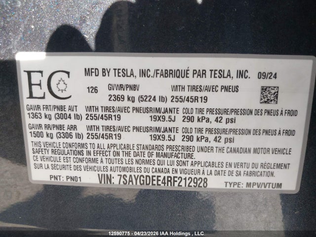 Aukcja sprzedaży 2024 Tesla Model Y, vin: 7SAYGDEE4RF212928, numer aukcji: 12590775