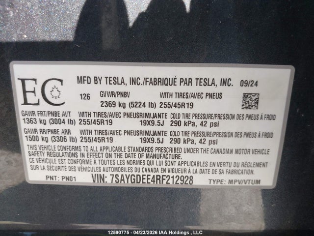 Aukcja sprzedaży 2024 Tesla Model Y, vin: 7SAYGDEE4RF212928, numer aukcji: 12590775