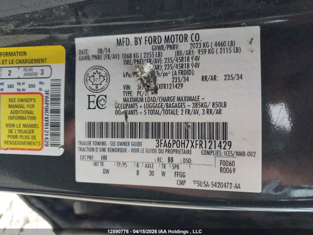 Продаж на аукціоні авто 2015 Ford Fusion, vin: 3FA6P0H7XFR121429, номер лоту: 12590776