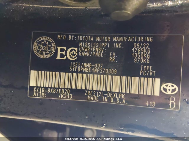 2022 Toyota Corolla Le მანქანა იყიდება აუქციონზე, vin: 5YFBPMBE1NP370309, აუქციონის ნომერი: 12547000
