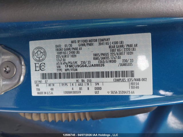 2020 Ford Escape Se მანქანა იყიდება აუქციონზე, vin: 1FMCU9G64LUA88026, აუქციონის ნომერი: 12586745