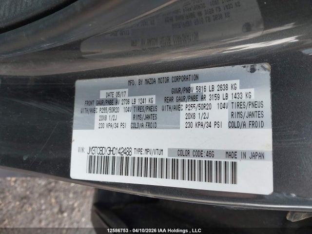 Aukcja sprzedaży 2017 Mazda Cx-9 Gt, vin: JM3TCBDY3H0142488, numer aukcji: 12586753