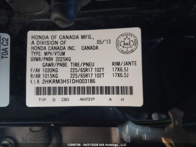 12590786 :رقم المزاد ، 2HKRM3H51DH003186 vin ، 2013 Honda Cr-v Ex مزاد بيع
