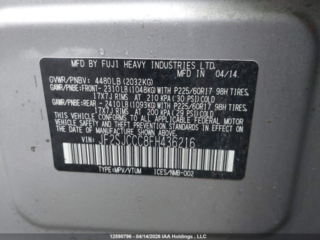 12590796 :رقم المزاد ، JF2SJCCC8FH436216 vin ، 2015 Subaru Forester 2.5i Premium مزاد بيع