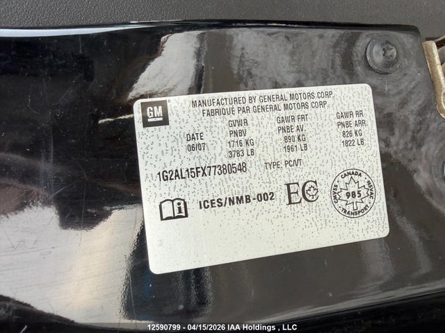 12590799 :رقم المزاد ، 1G2AL15FX77380548 vin ، 2007 Pontiac G5 Se مزاد بيع