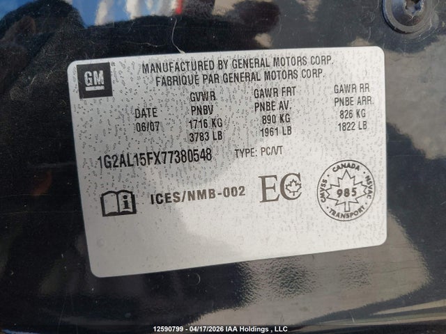 12590799 :رقم المزاد ، 1G2AL15FX77380548 vin ، 2007 Pontiac G5 Se مزاد بيع
