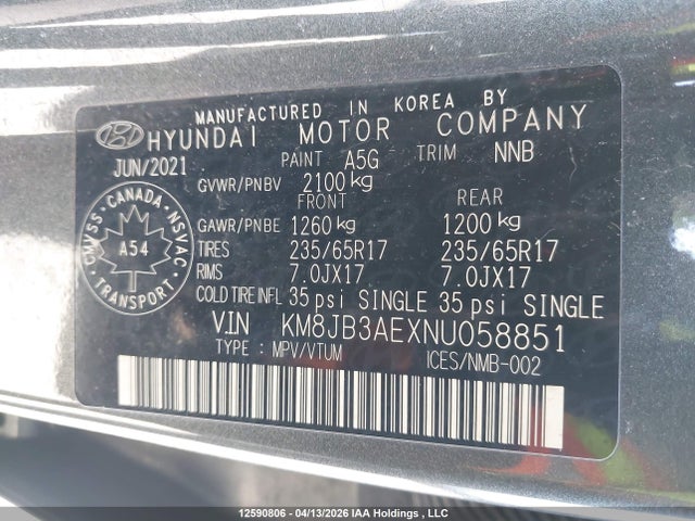 2022 Hyundai Tucson Sel მანქანა იყიდება აუქციონზე, vin: KM8JB3AEXNU058851, აუქციონის ნომერი: 12590806