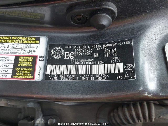 2013 Toyota Corolla S/le მანქანა იყიდება აუქციონზე, vin: 2T1BU4EE0DC011634, აუქციონის ნომერი: 12590807