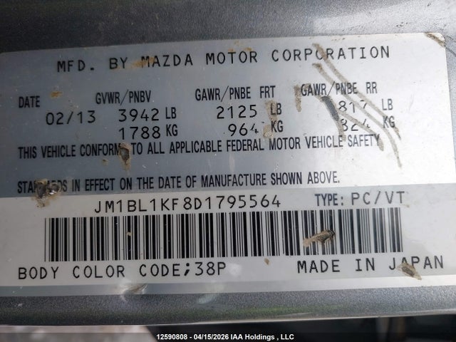 Aukcja sprzedaży 2013 Mazda 3 I, vin: JM1BL1KF8D1795564, numer aukcji: 12590808