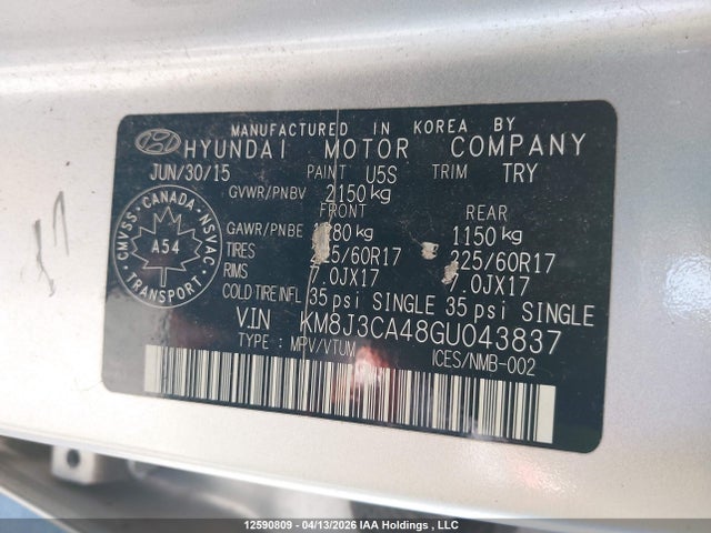 2016 Hyundai Tucson Limited/sport And Eco/se მანქანა იყიდება აუქციონზე, vin: KM8J3CA48GU043837, აუქციონის ნომერი: 12590809