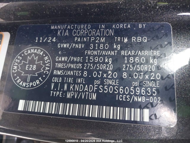 2025 Kia Ev9 მანქანა იყიდება აუქციონზე, vin: KNDADFS50S6059635, აუქციონის ნომერი: 12590810