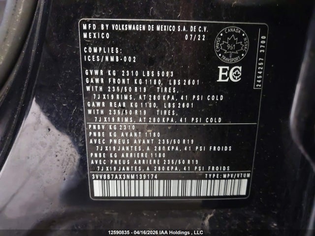 Aukcja sprzedaży 2022 Volkswagen Tiguan Se R-line Black, vin: 3VV8B7AX3NM139174, numer aukcji: 12590835