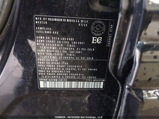 Aukcja sprzedaży 2022 Volkswagen Tiguan Se R-line Black, vin: 3VV8B7AX3NM139174, numer aukcji: 12590835
