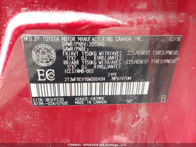 2016 Toyota Rav4 Xle მანქანა იყიდება აუქციონზე, vin: 2T3WFREV1GW260494, აუქციონის ნომერი: 12590843