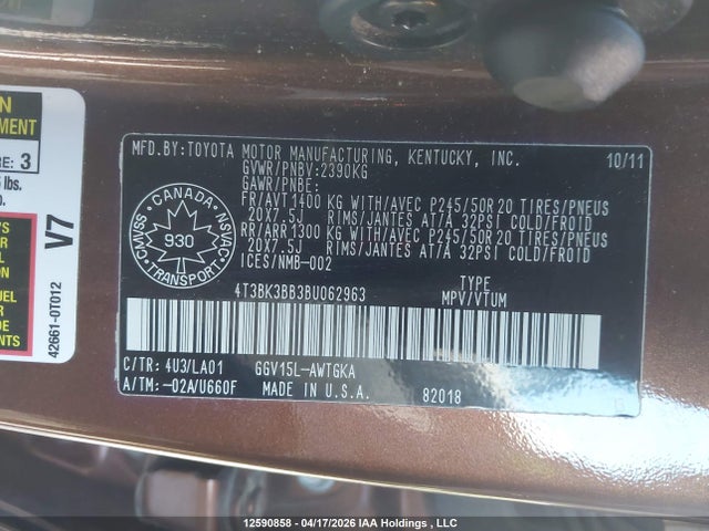 12590858 :رقم المزاد ، 4T3BK3BB3BU062963 vin ، 2011 Toyota Venza Base V6 مزاد بيع