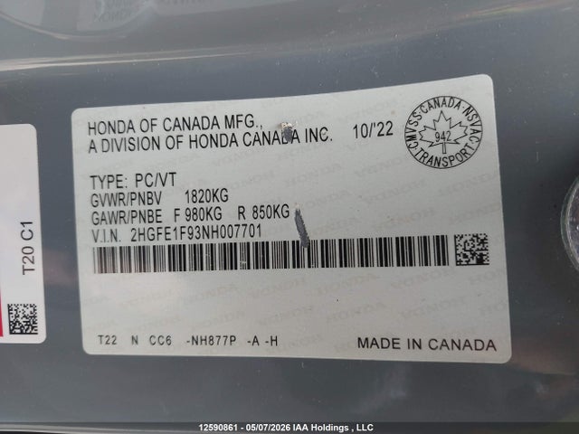 12590861 :رقم المزاد ، 2HGFE1F93NH007701 vin ، 2022 Honda Civic Touring مزاد بيع