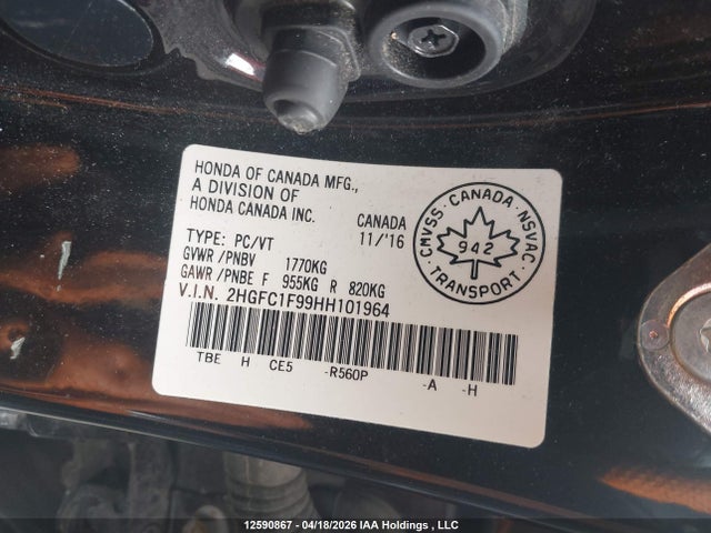 Aukcja sprzedaży 2017 Honda Civic Touring, vin: 2HGFC1F99HH101964, numer aukcji: 12590867