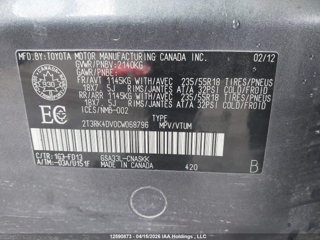 2012 Toyota Rav4 Sport მანქანა იყიდება აუქციონზე, vin: 2T3RK4DV0CW068796, აუქციონის ნომერი: 12590873