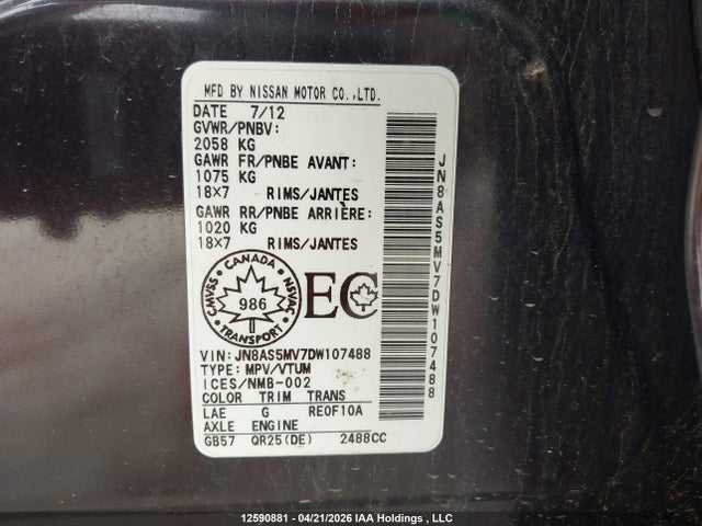 12590881 :رقم المزاد ، JN8AS5MV7DW107488 vin ، 2013 Nissan Rogue Sv مزاد بيع