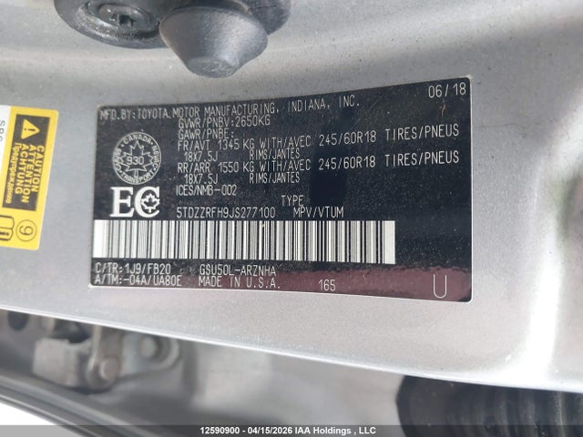12590900 :رقم المزاد ، 5TDZZRFH9JS277100 vin ، 2018 Toyota Highlander Le مزاد بيع