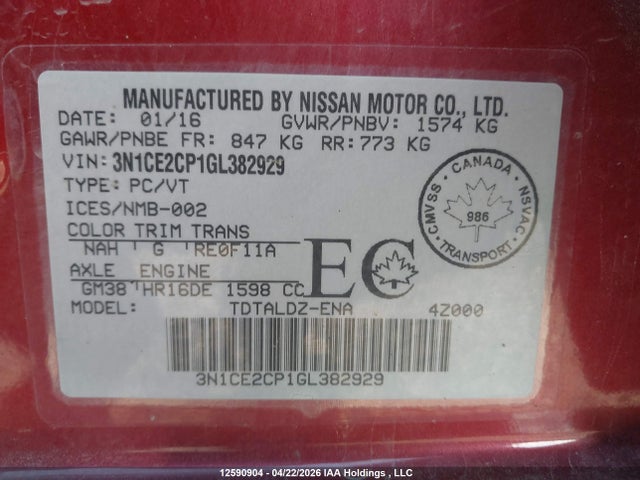 Aukcja sprzedaży 2016 Nissan Versa Note S/s Plus/sv/sl/sr, vin: 3N1CE2CP1GL382929, numer aukcji: 12590904
