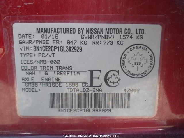 Aukcja sprzedaży 2016 Nissan Versa Note S/s Plus/sv/sl/sr, vin: 3N1CE2CP1GL382929, numer aukcji: 12590904