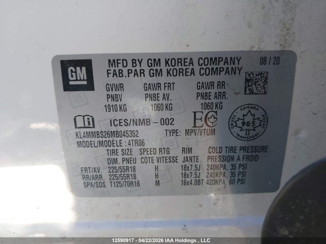 12590917 :رقم المزاد ، KL4MMBS26MB045352 vin ، 2021 Buick Encore Gx Fwd Preferred مزاد بيع