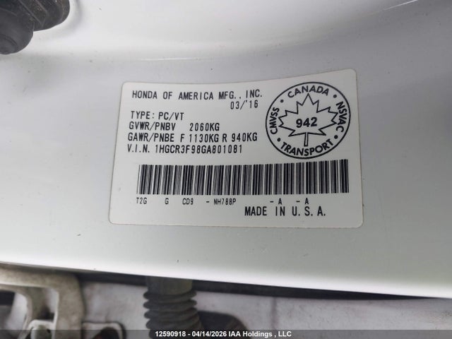 1HGCR3F98GA801081 Honda Accord Touring