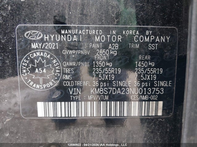 Продаж на аукціоні авто 2022 Hyundai Santa Fe Luxury Plug-in Hybrid Awd, vin: KM8S7DA23NU013753, номер лоту: 12590922