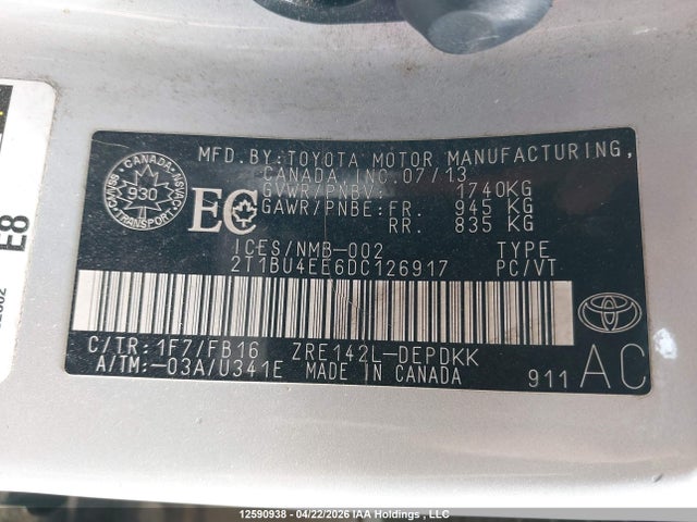 2013 Toyota Corolla S/le მანქანა იყიდება აუქციონზე, vin: 2T1BU4EE6DC126917, აუქციონის ნომერი: 12590938