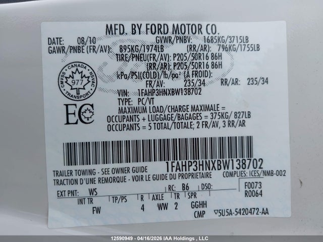 Продаж на аукціоні авто 2011 Ford Focus Sel, vin: 1FAHP3HNXBW138702, номер лоту: 12590949