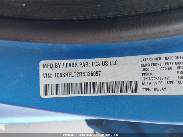 2024 Ram 1500 Rebel მანქანა იყიდება აუქციონზე, vin: 1C6SRFLT2RN126097, აუქციონის ნომერი: 12590953