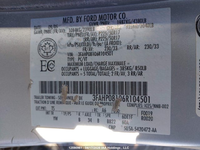 Продаж на аукціоні авто 2006 Ford Fusion Sel, vin: 3FAHP08106R104501, номер лоту: 12590961
