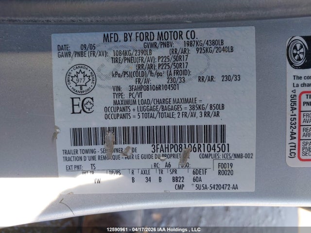 Продаж на аукціоні авто 2006 Ford Fusion Sel, vin: 3FAHP08106R104501, номер лоту: 12590961