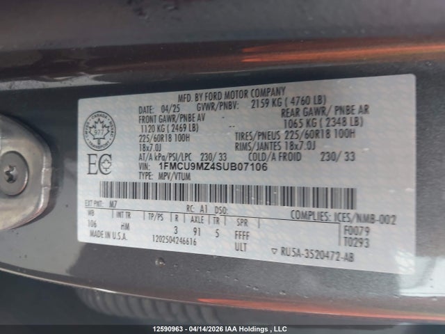 2025 Ford Escape St-line მანქანა იყიდება აუქციონზე, vin: 1FMCU9MZ4SUB07106, აუქციონის ნომერი: 12590963