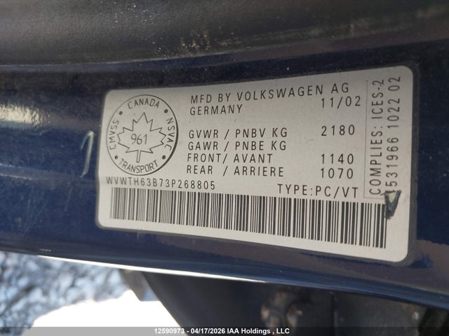 Aukcja sprzedaży 2003 Volkswagen Passat Glx 4motion, vin: WVWTH63B73P268805, numer aukcji: 12590973