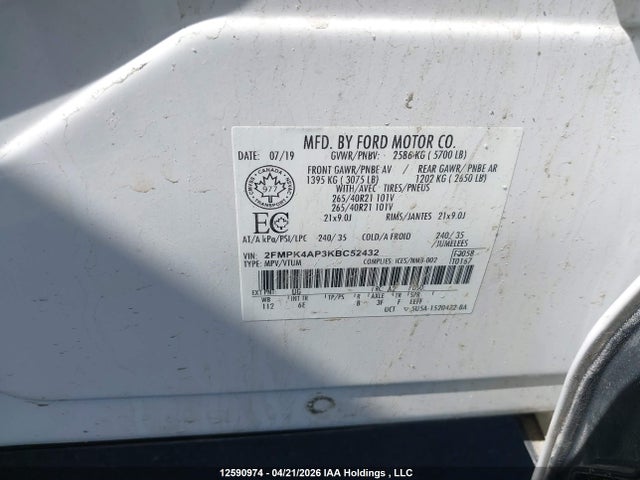 Aukcja sprzedaży 2019 Ford Edge, vin: 2FMPK4AP3KBC52432, numer aukcji: 12590974