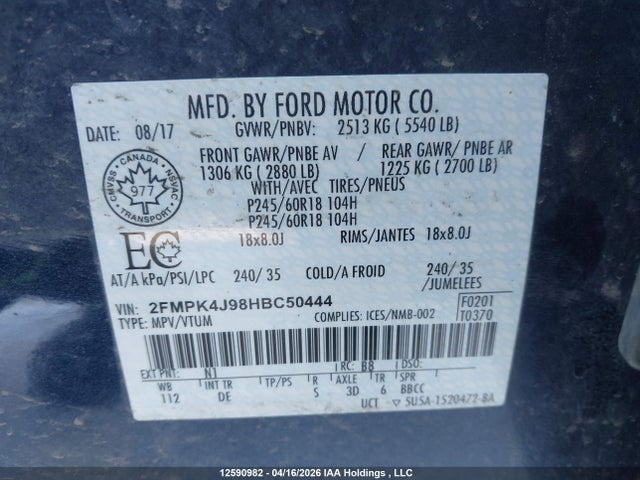Продаж на аукціоні авто 2017 Ford Edge Sel, vin: 2FMPK4J98HBC50444, номер лоту: 12590982